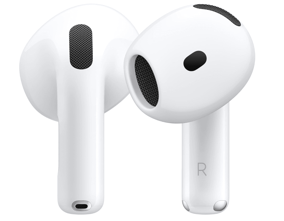 White wireless earbuds with black speaker meshes, labeled "R" for right.