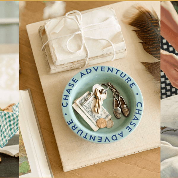Wicker basket with lemons, key dish on books, and bowls of ice cream with cookies.