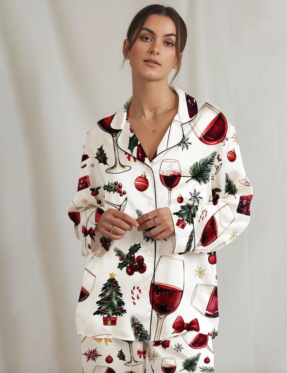 Wine Glass Christmas Pajama Set: Women's Satin Holiday Sleepwear