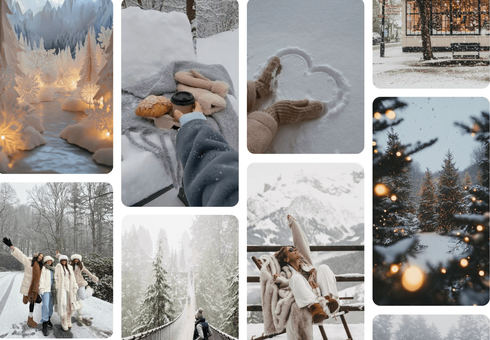 Winter collage: snowy scenes, cozy moments, and festive lights.