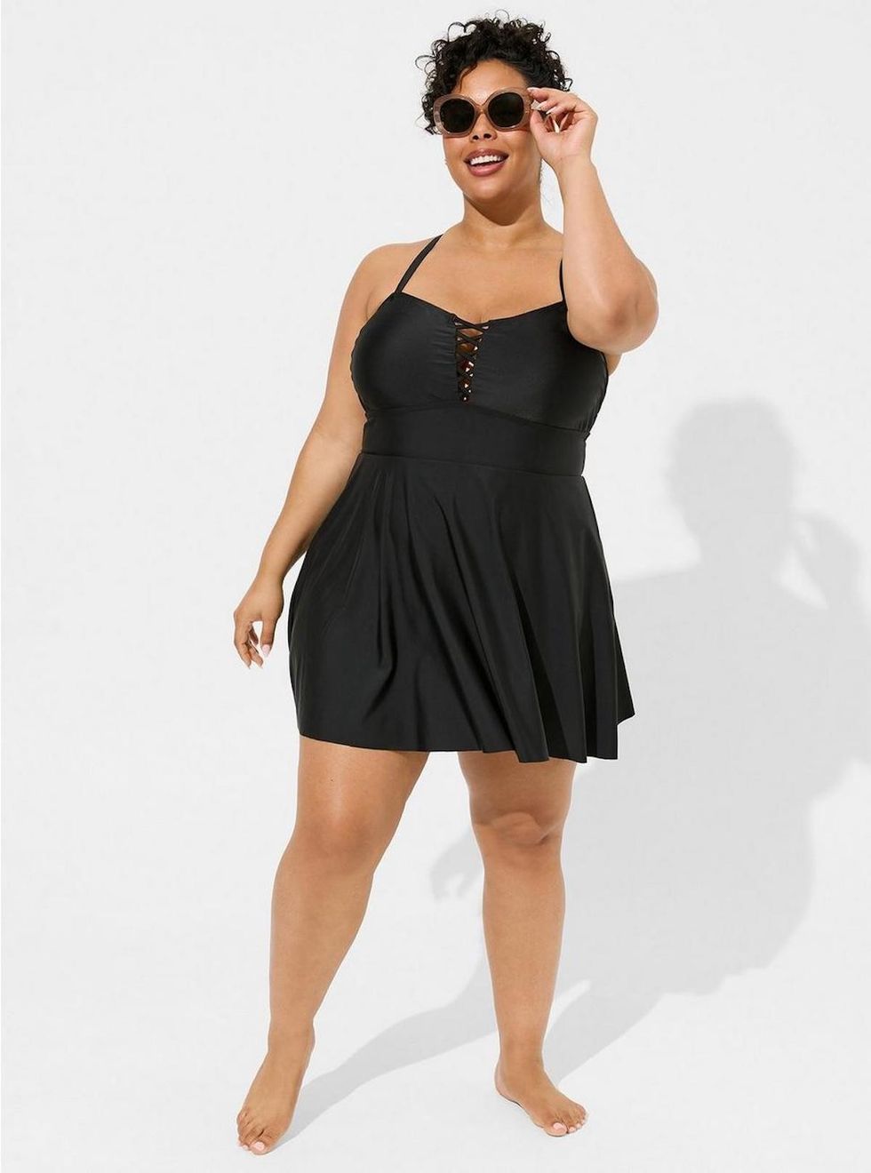 Wireless Long Lattice Front Swim Dress With Brief