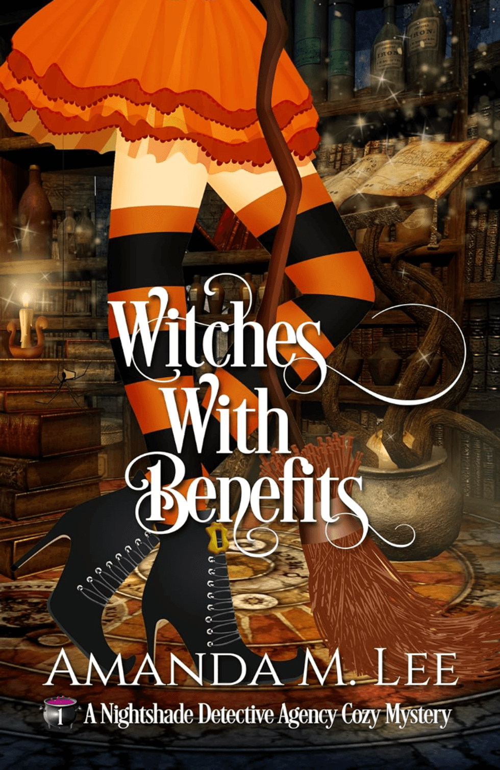 Witch's legs in orange skirt and black boots, with book title "Witches With Benefits."