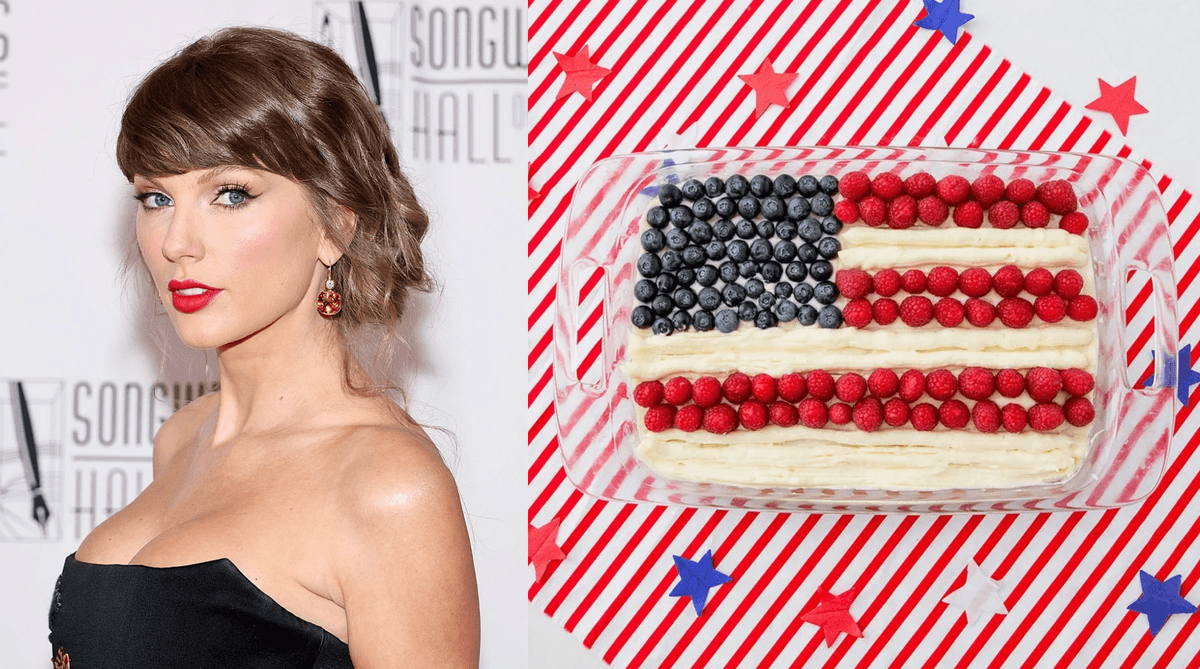 Woman at event and a cake decorated as the American flag with berries.