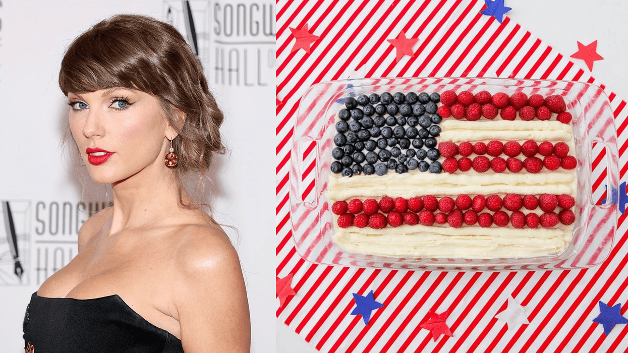 Woman at event and a cake decorated as the American flag with berries.