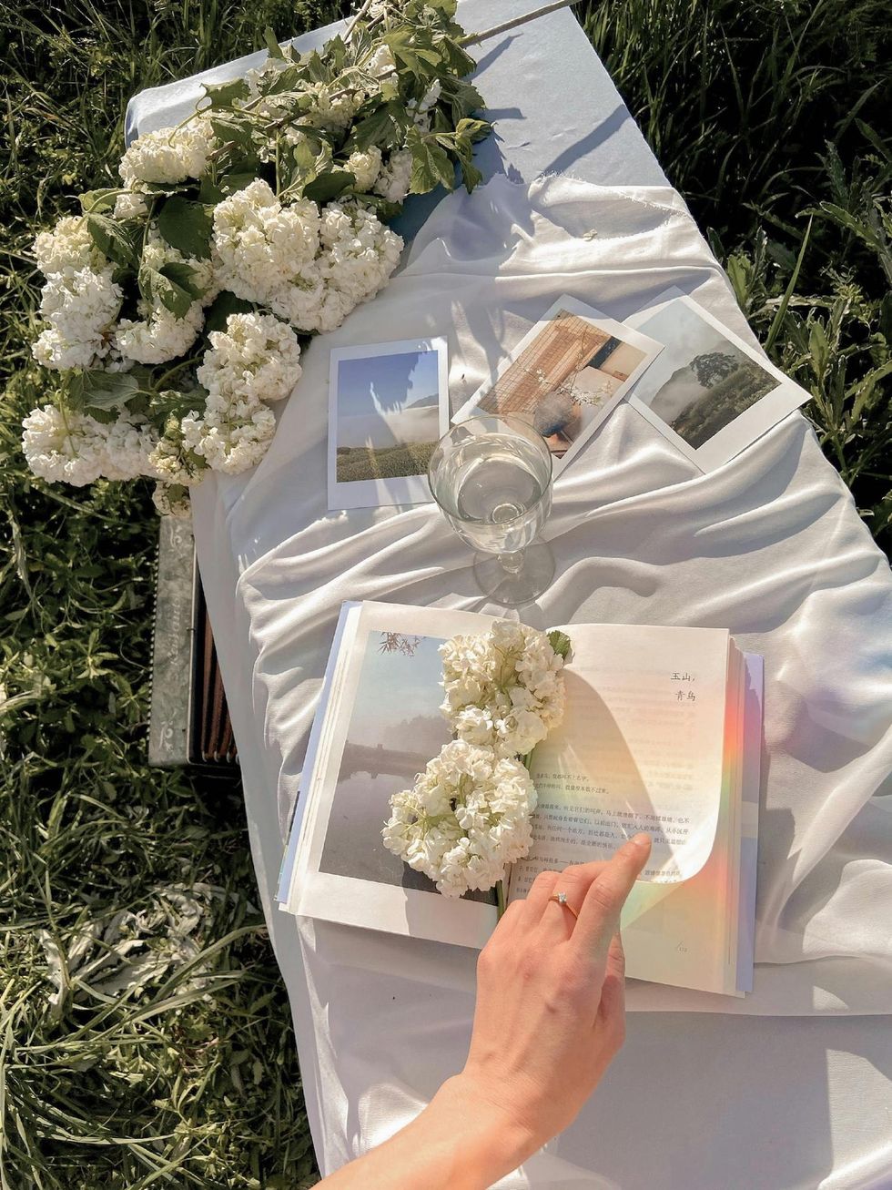 woman flipping through a book on a grassy field picnic