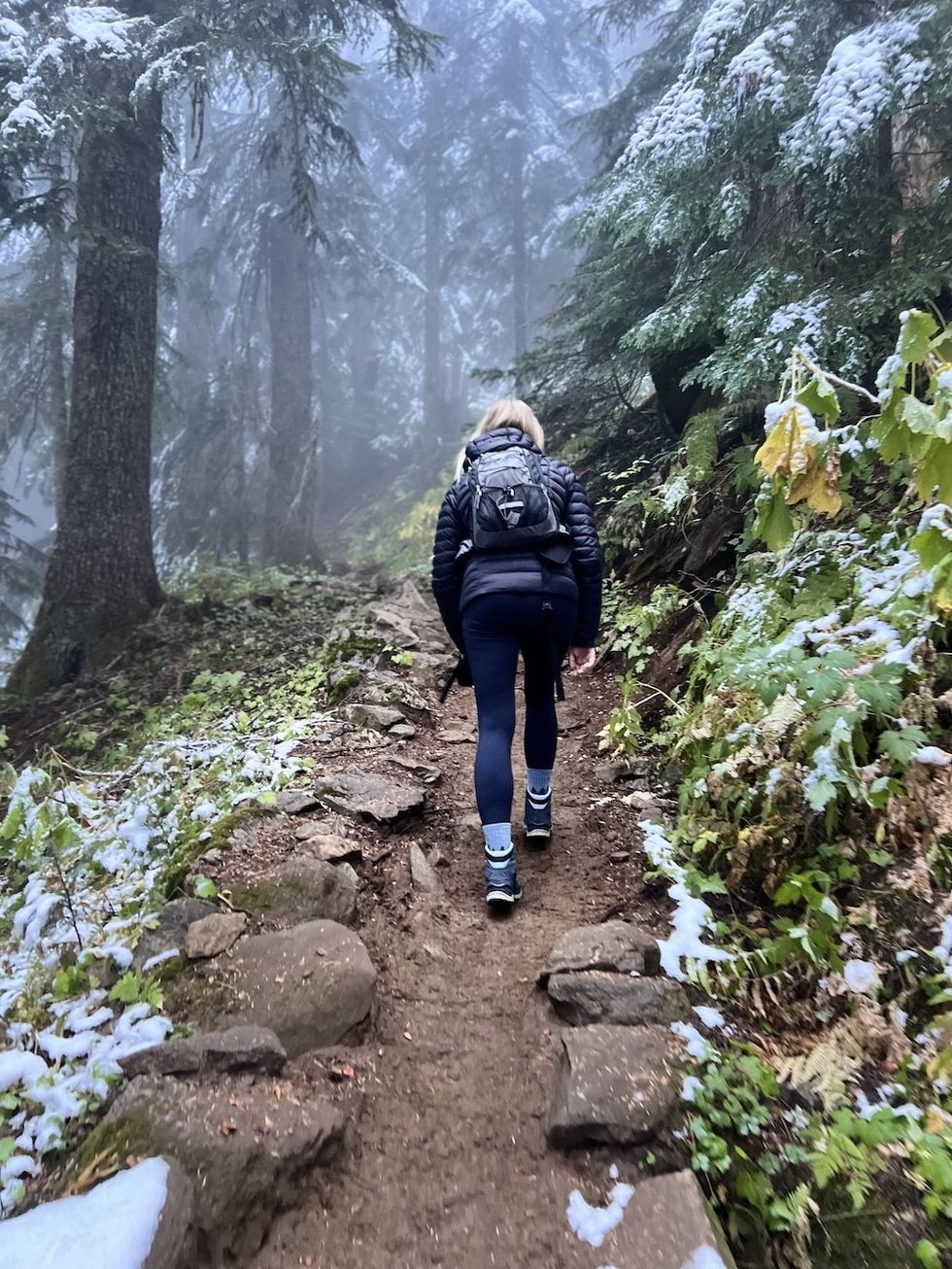 woman hiking in the snow