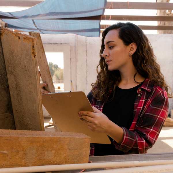 Woman in a plaid shirt taking notes on a clipboard at a construction site.