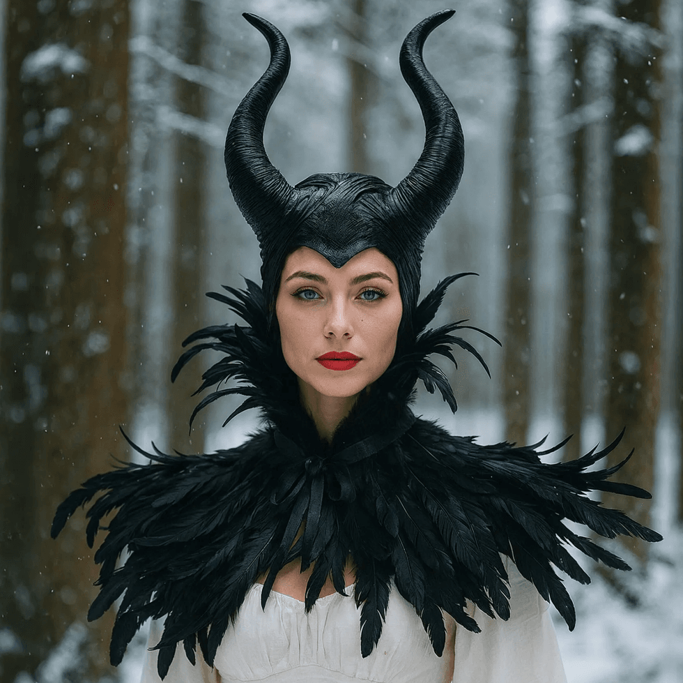 Woman in dark horned headpiece and feathered collar in snowy forest.