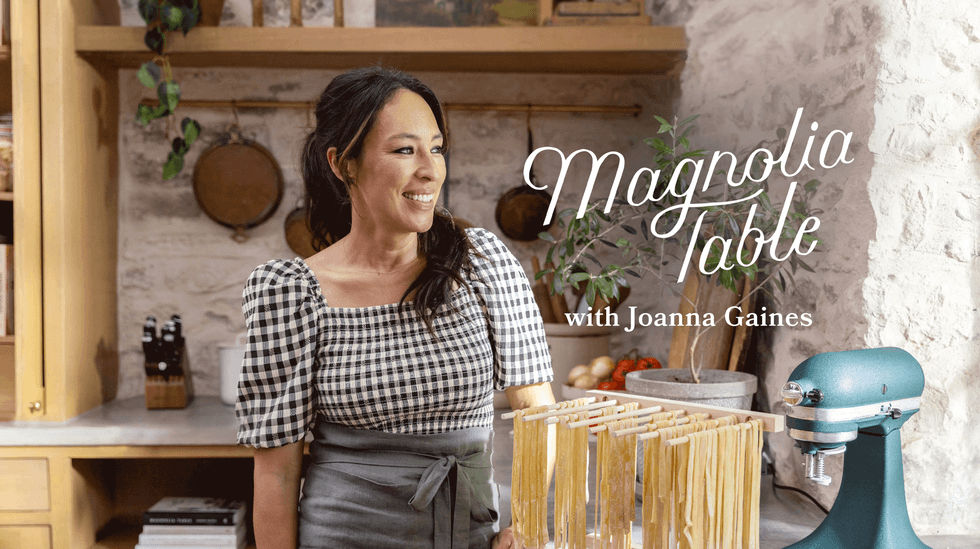 Woman in kitchen with pasta and mixer; text reads "Magnolia Table with Joanna Gaines".