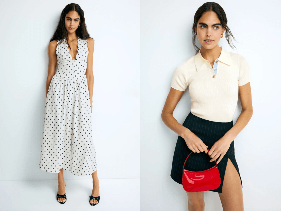 Woman in polka dot dress; cream top and black skirt with red bag.
