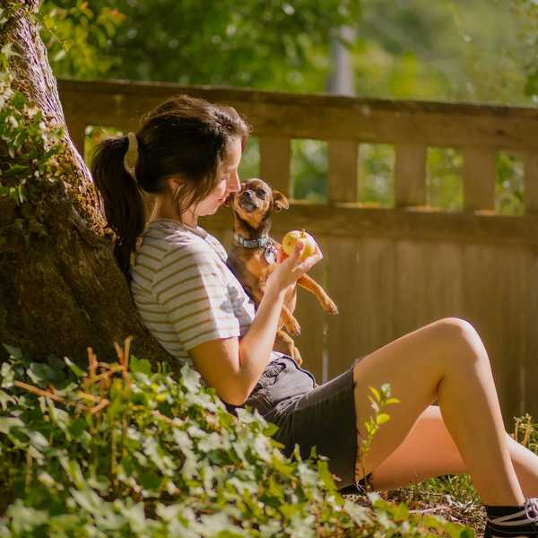Woman relaxing under a tree with a small dog, holding an apple, in sunny greenery.