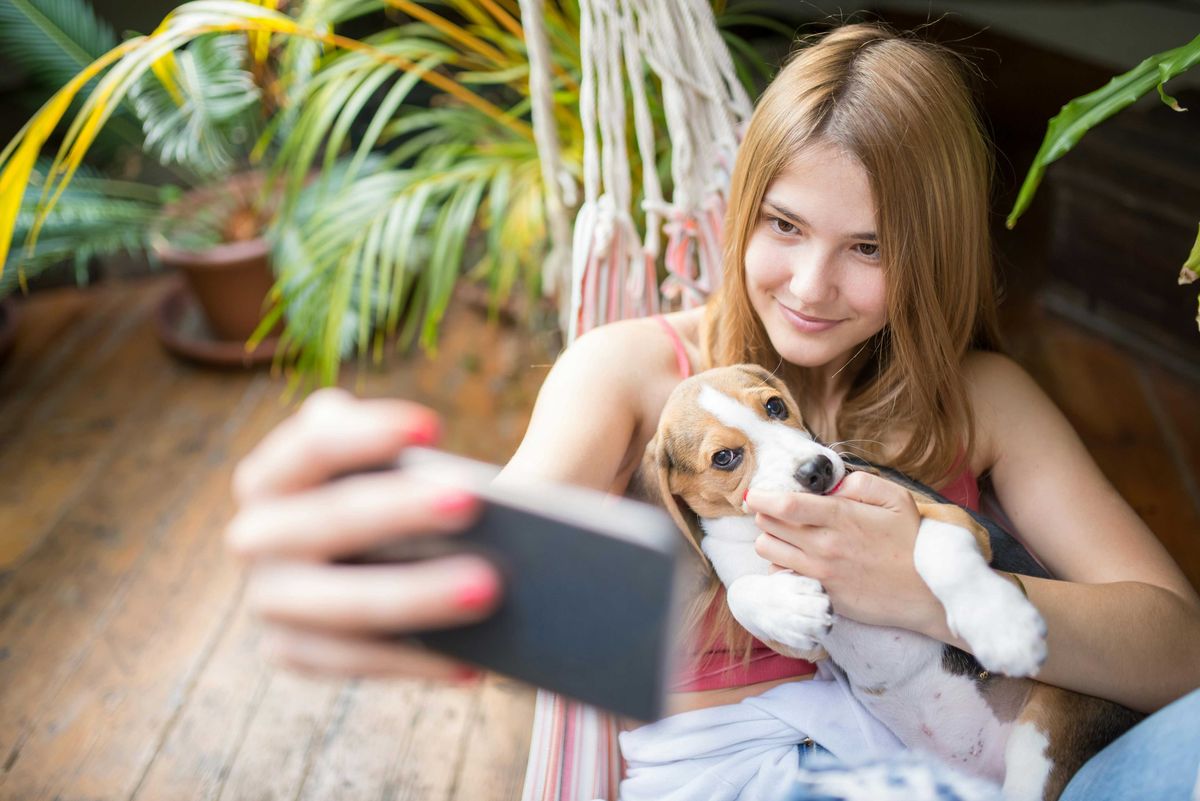 Woman taking a selfie with a dog while sitting in a hammock indoors.