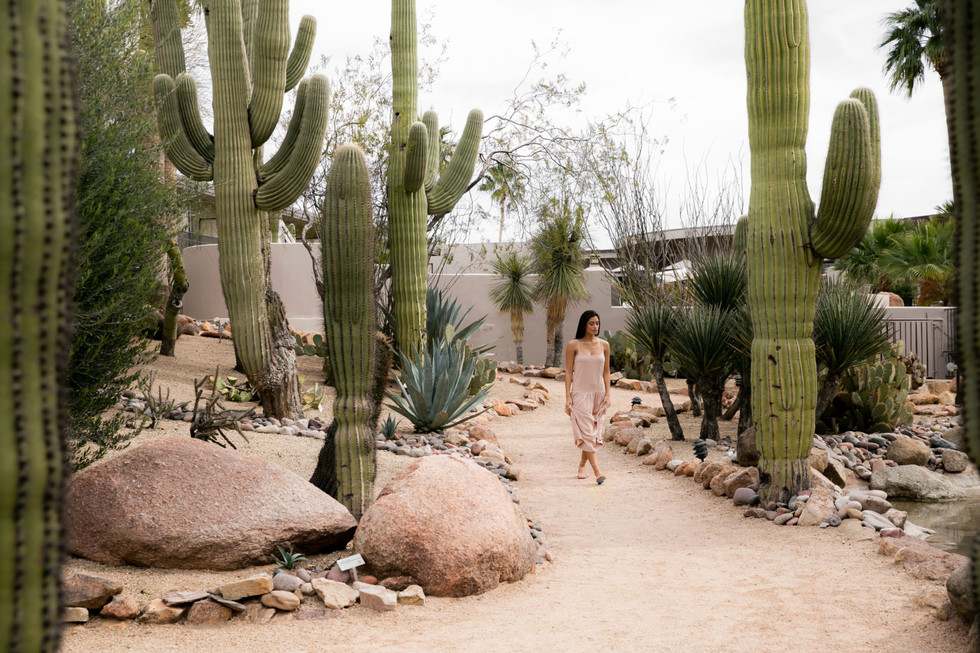 Woman walking on desert path among large cacti and rocks.