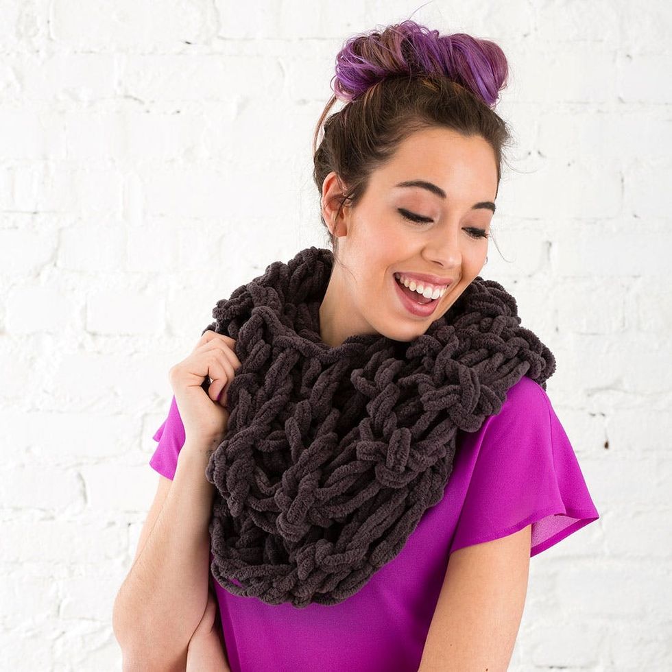 woman wearing infinity scarf