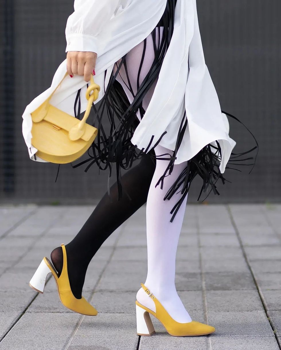 woman wearing multicolored tights