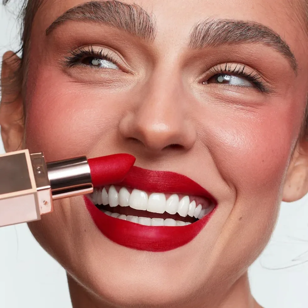 woman wearing red lipstick