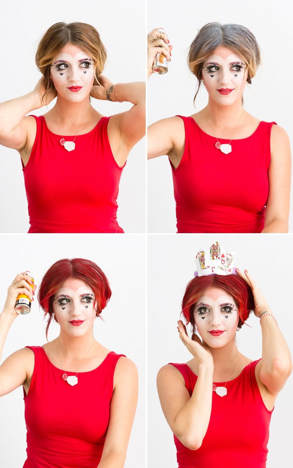 women in red dress with Queen of Hearts makeup spraying hair spray and attaching cards to hair