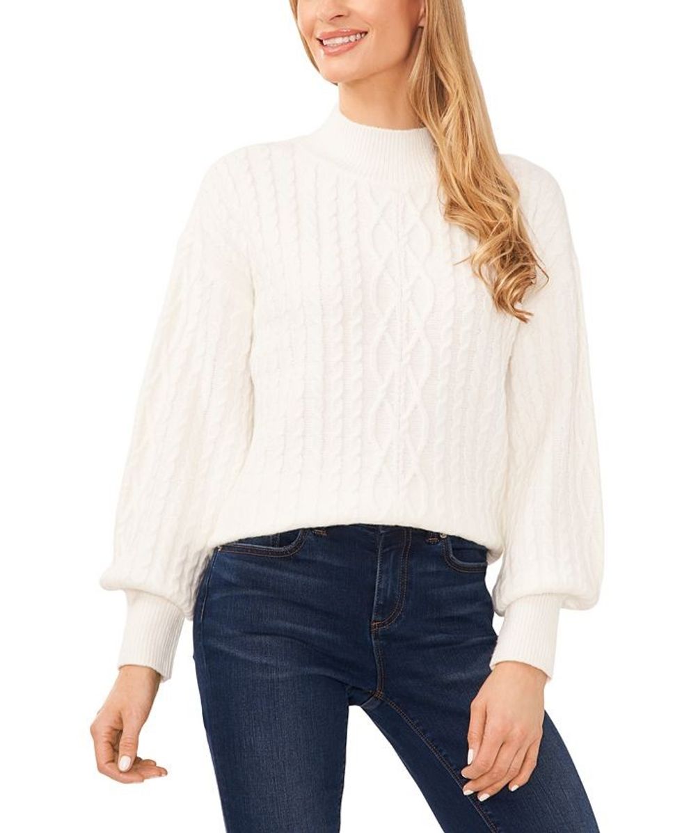 Women's Cable-Knit Mock Neck Bishop-Sleeve Sweater
