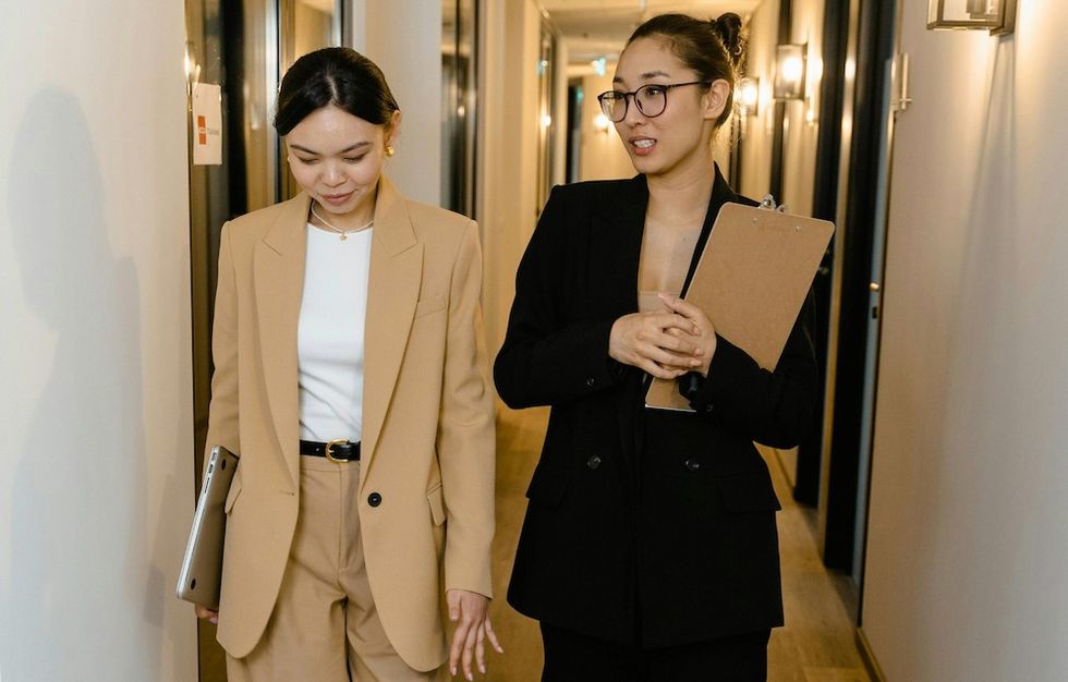 women talking at work