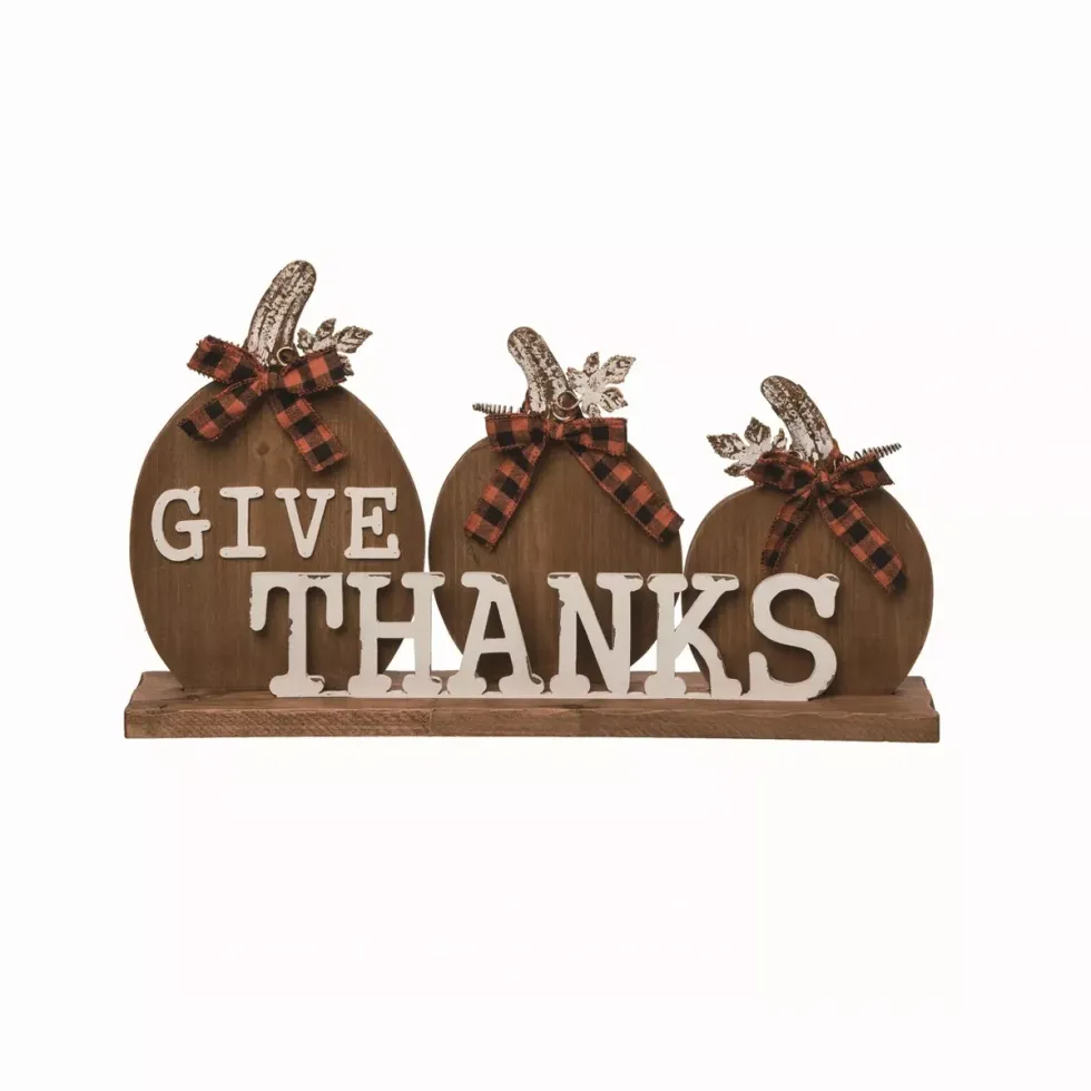 Wood Brown Harvest Give Thanks Pumpkin Decor