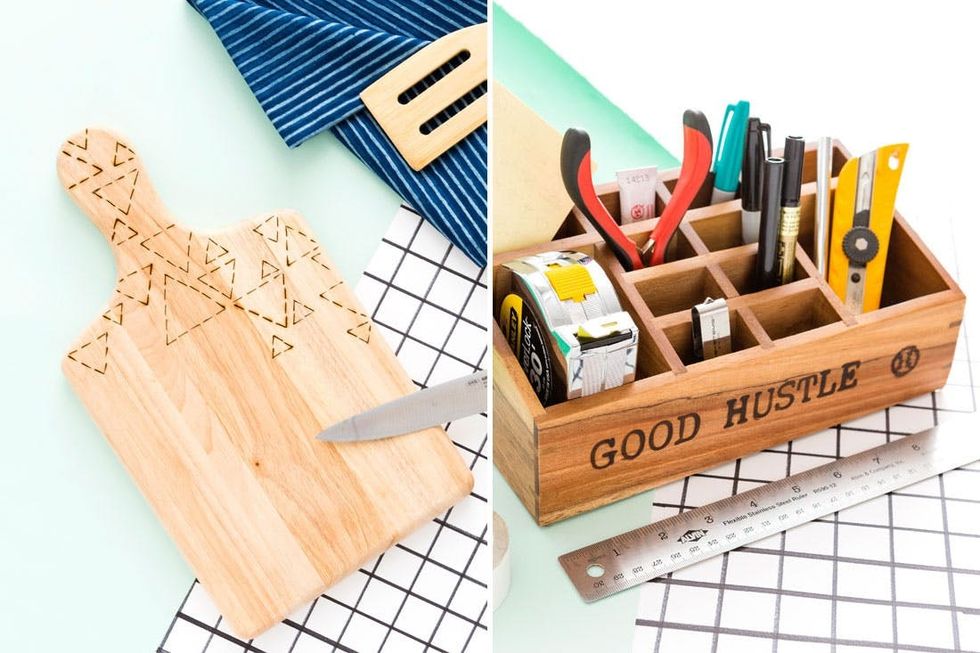 Wooden board and "Good Hustle" tool organizer on a grid-pattern surface.