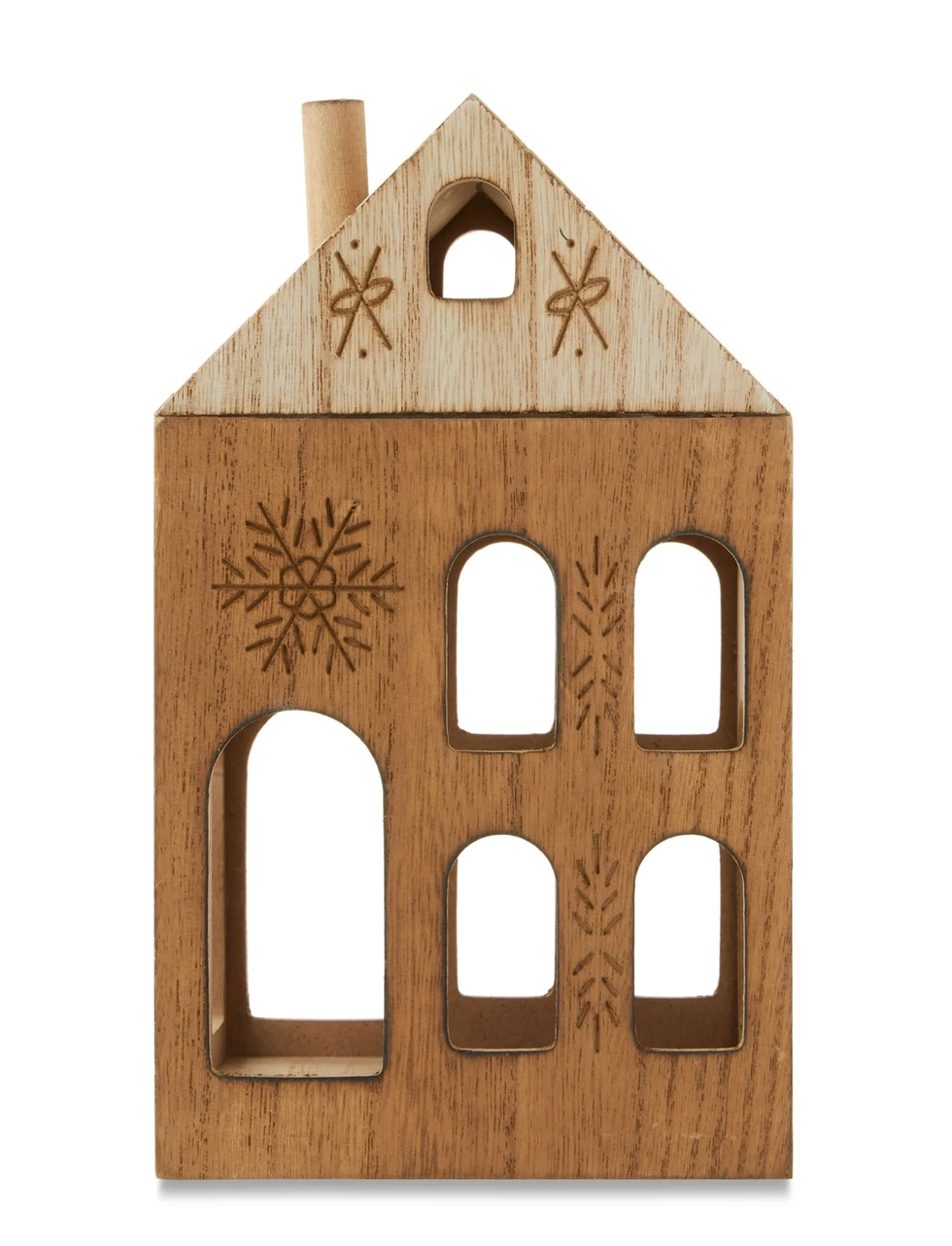 Wooden house-shaped candle holder with carved snowflake designs.