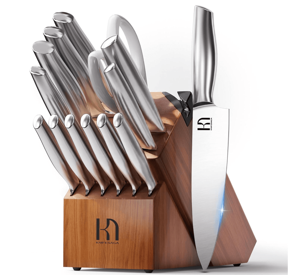 Wooden knife block set with stainless steel knives and sharpener.