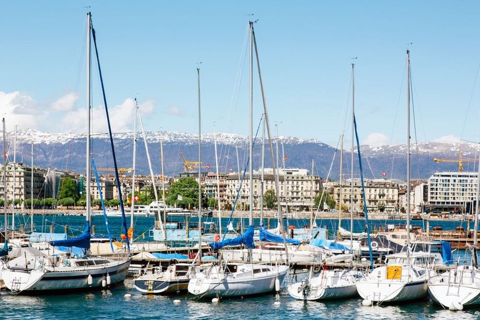 Yachts moor in the Geneva harbor