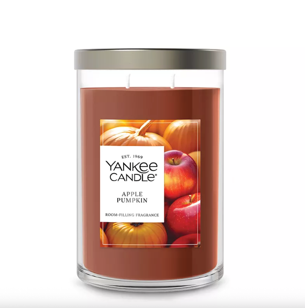 Yankee Candle, Apple Pumpkin, in glass jar with metal lid.