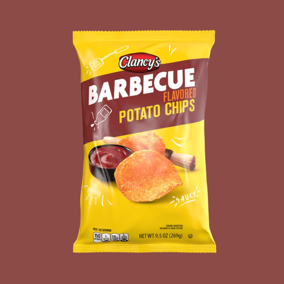 Yellow bag of Clancy's barbecue flavored potato chips with sauce illustration.