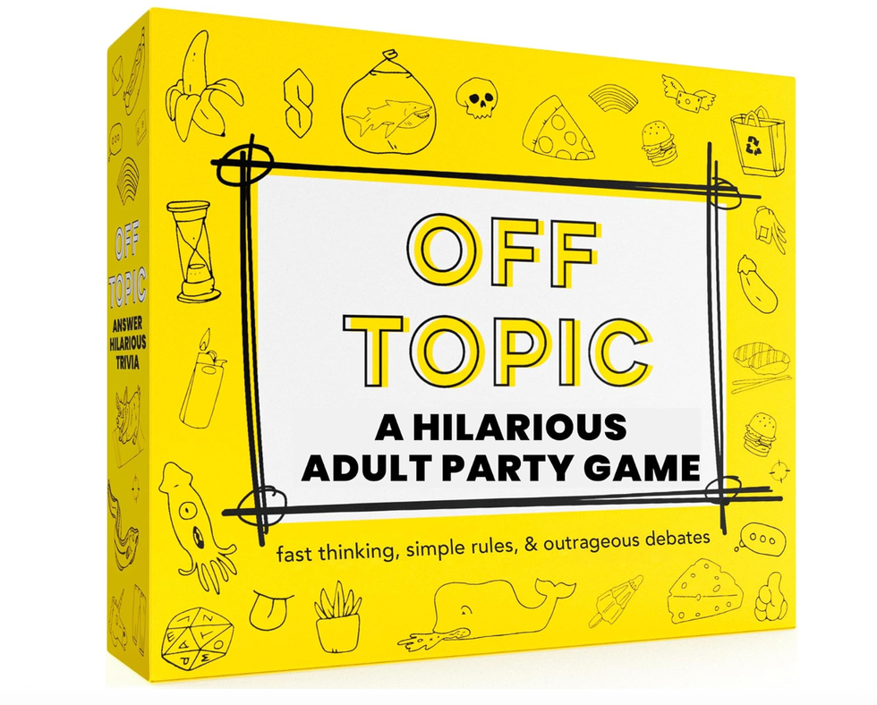 Yellow box for "Off Topic," an adult party game with doodles and bold text.