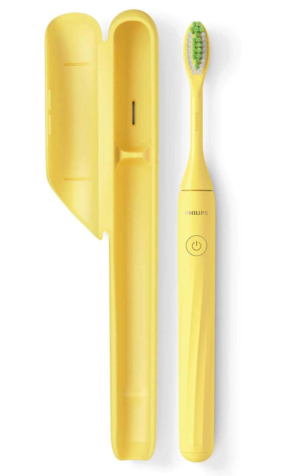 Yellow electric toothbrush with a matching travel case, upright and open.