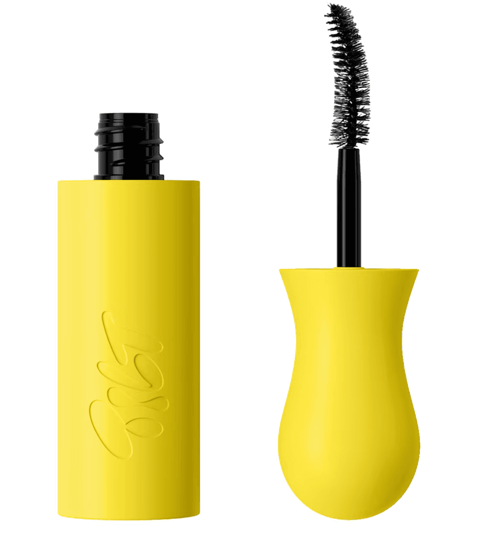 Yellow mascara tube with a curved black brush and embossed logo on the cap.