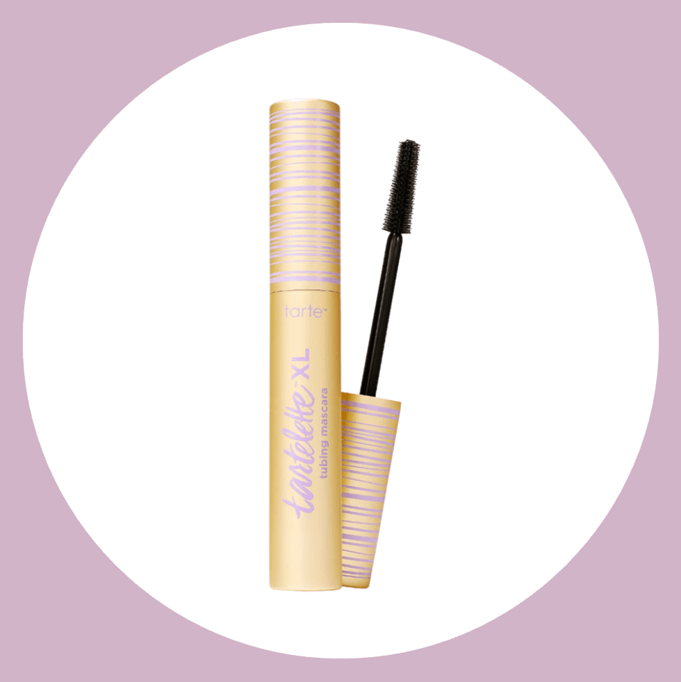 Yellow mascara tube with wand, text "tartelette XL tubing mascara."