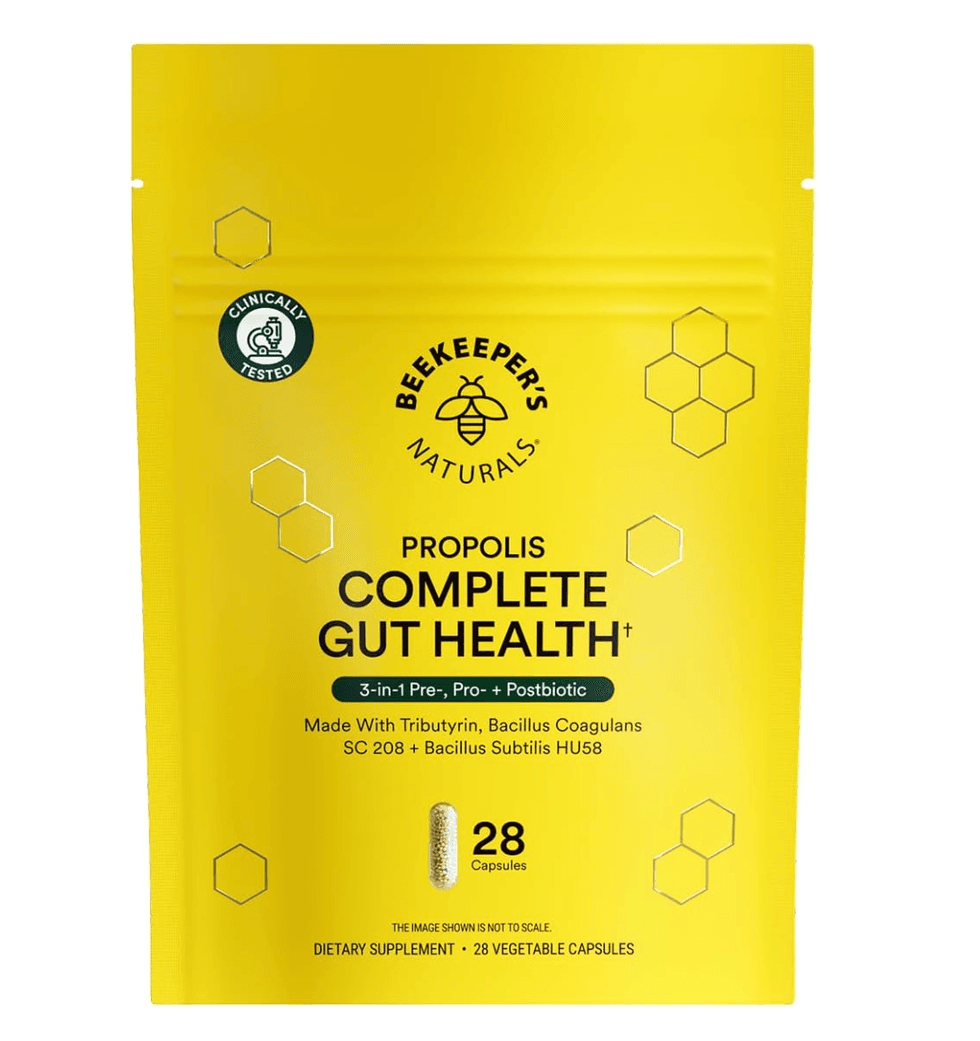 Yellow package of Propolis Complete Gut Health dietary supplement, 28 vegetable capsules.
