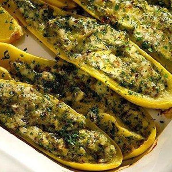 yellow summer squash stuffed with mushrooms and queso fresco