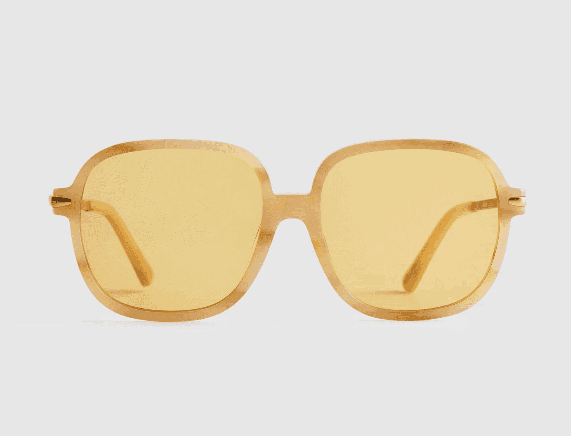 Yellow-tinted sunglasses with a transparent yellow frame on a gray background.