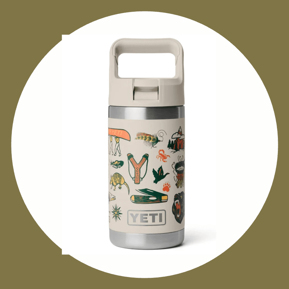 YETI bottle with colorful outdoor-themed stickers on a white background.