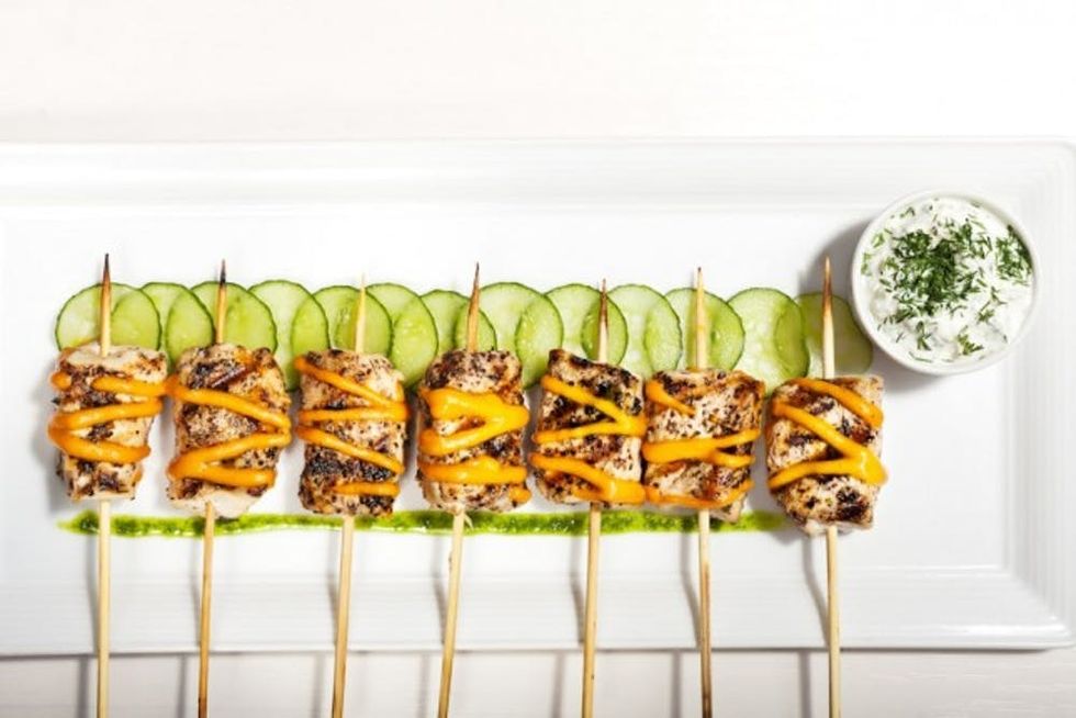 Za'atar Chicken with Tzatziki and Spicy Pepper Coulis