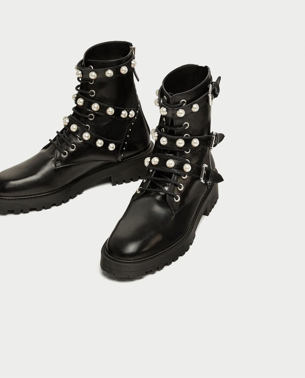 Zara Leather Ankle Boots With Faux Pearls