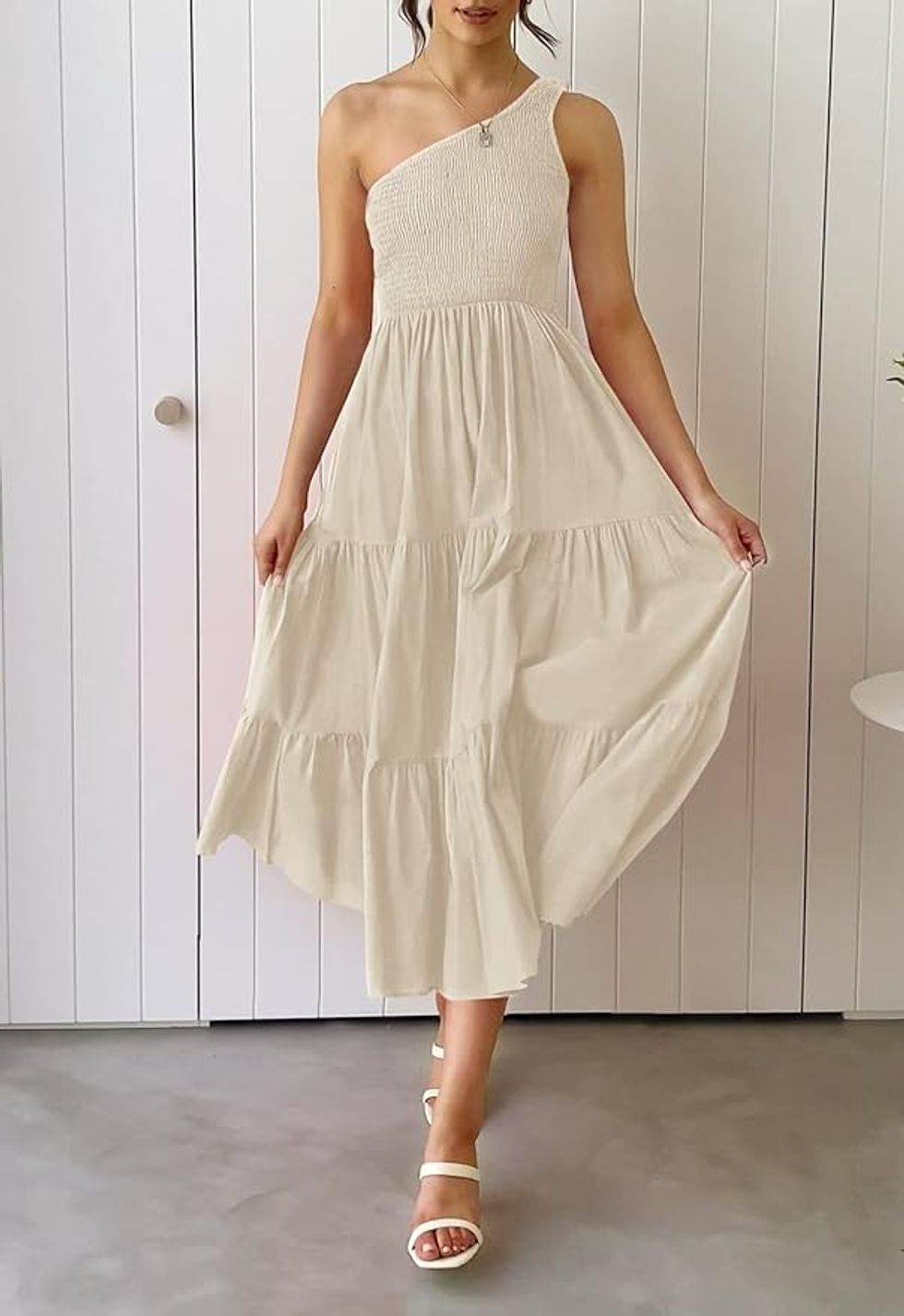 ZESICA One Shoulder Smocked Midi Dress