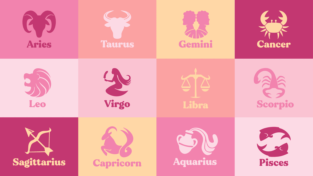 Zodiac signs grid with symbols and names on pink and yellow background.
