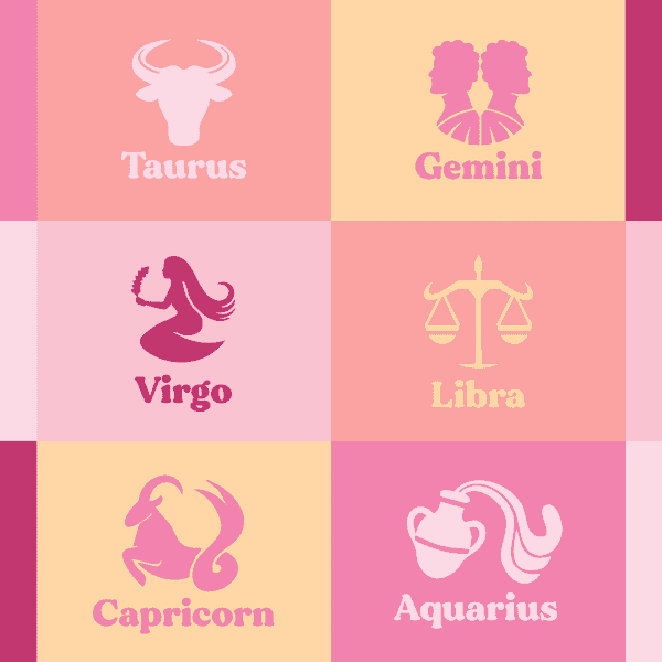 Zodiac signs grid with symbols and names on pink and yellow background.
